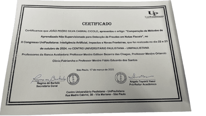 Certificado da palestra sobre métodos de aprendizado não supervisionado para detecção de fraude em notas fiscais